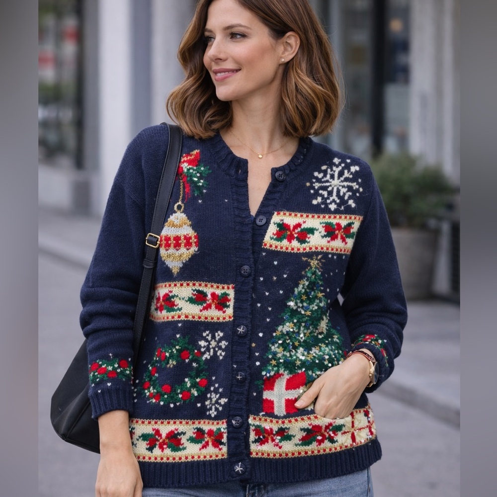 Tiara Christmas Cardigan Sweater Tree Snowflake Ornament Ugly Christmas Large
